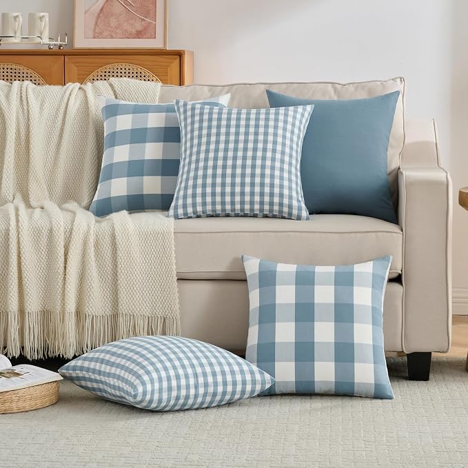 Light Dusty Blue Buffalo Check Plaid Farmhouse Pillow Covers 20x20 Set of 4 | Soft & Durable Decorative Couch Pillow Case Cushion Covers 20 x 20, Light Dusty Blue Pillow Covers, Gingham Checkered Striped