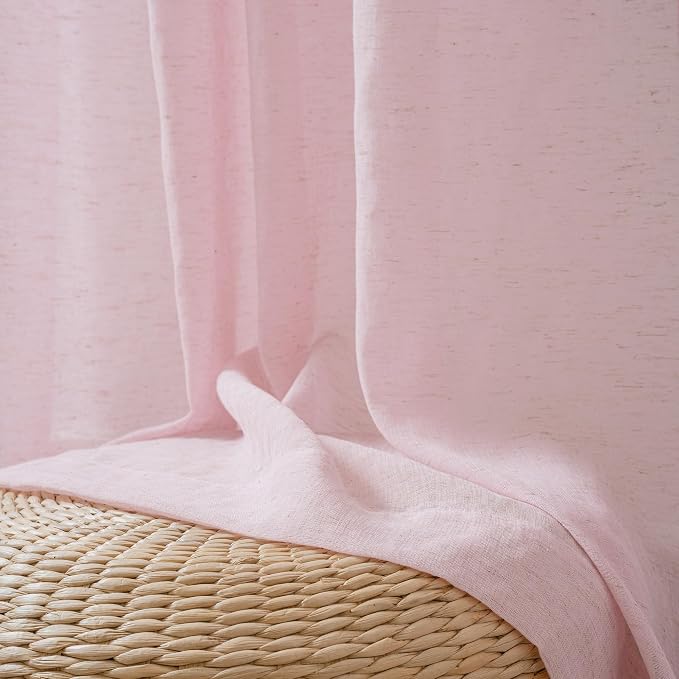 FMFUNCTEX Pink Linen Sheer Curtains, 96 Inches, 2 Panels for Bedroom | Semi Sheer Drapes, Flax Linen, Rod Pocket, Light Filtering, Farmhouse French, Kitchen, Privacy, Girls, for Living Room