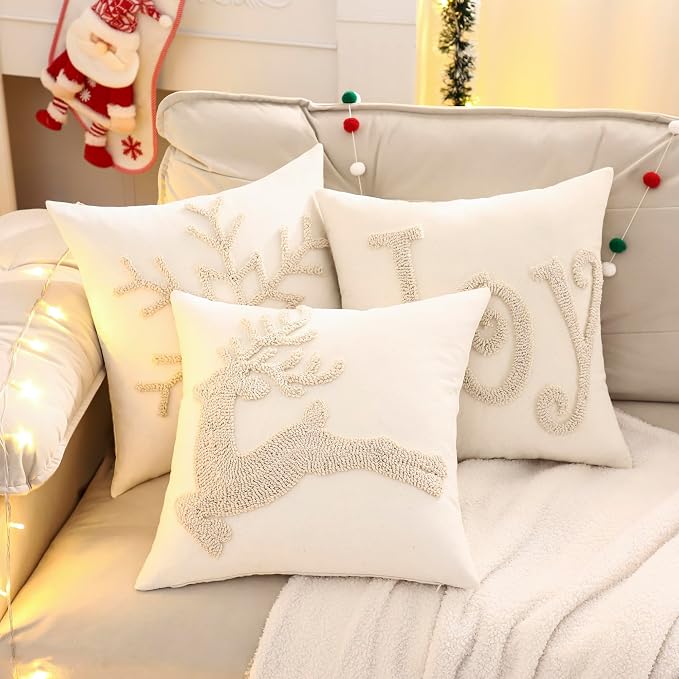 Christmas Throw Pillow Covers 18x18 Set of 2 Beige Xmas Reindeer
