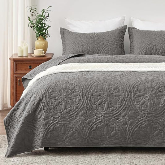 EXQ Home Quilt Set Full Queen Size Mandala Grey Bedspread | Bedding Set For All Season Use, Soft & Breathable Coverlet,3-Piece Set Includes 2 Shams, Machine Washable