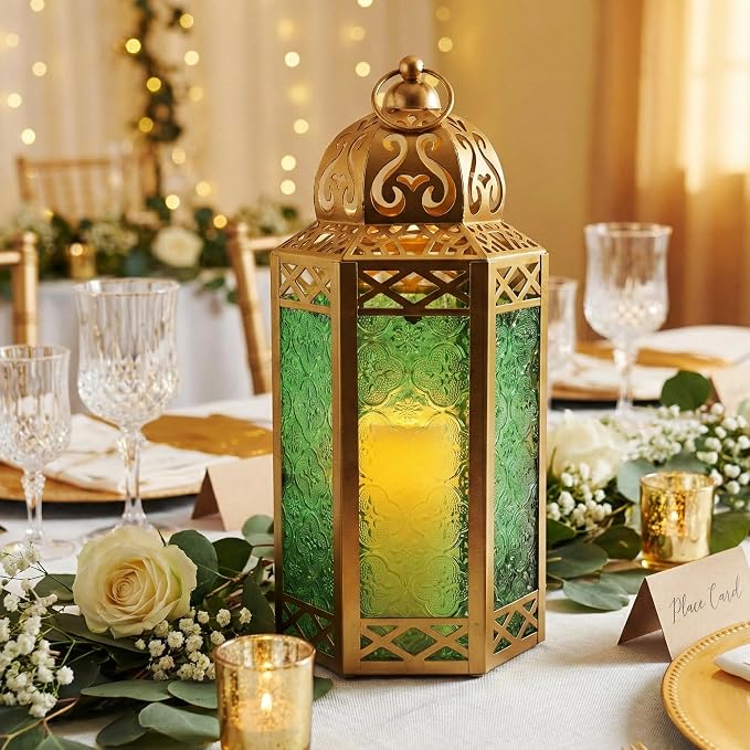 Vela Lanterns 12" Metal Moroccan Decorative Candle Lantern Holders for Hanging or Table, Indoor Home Decor, Outdoor Patio or Porch, Weddings, Gold, Green Glass, Large