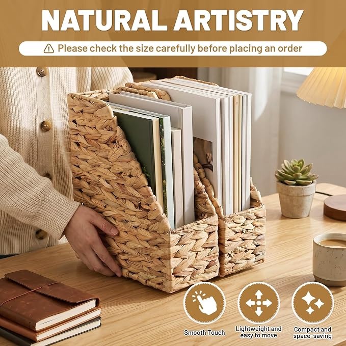 Mifoci 2 Pcs Water Hyacinth Magazine File Organizers 11*9.8*4'' | Natural Wicker Binder Holder for Desk, Magazine Basket Organizer for File Book Newspaper, Home Office Boho Wedding Decorative