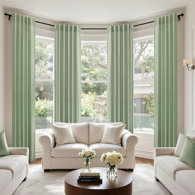 Sage Green Curtains 72 Inch Length for Bedroom 2 Panel Set Rod Pocket Back Tab Drapes Semi Sheer Light Reducing Linen Blend Woven Light Green Curtain for Living Room Dividing Closet Laundry 38X72 Long