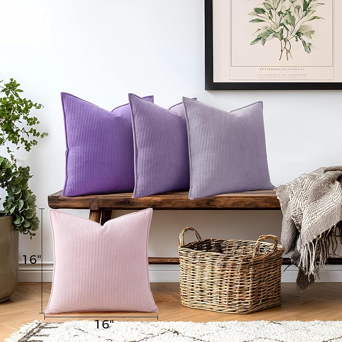 Pack of 4 Throw Pillow Covers Corduroy 16x16 Inch,Purple | Decorative Velvet Couch,Summer Cases Square,Farmhouse Boho Cushion Covers for Sofa Bed Living Room Home Decor & Office