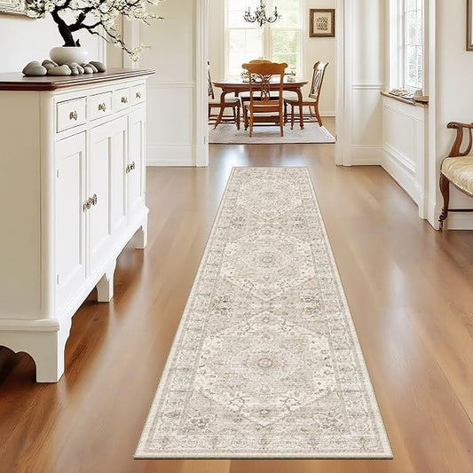 AooHHooA 2x8 Runner Rugs Beige Non Slip Low Pile Washable Vintage Boho Long Rug, Stain Resistant Soft Runners for Hallway Laundry Entryway Bedroom