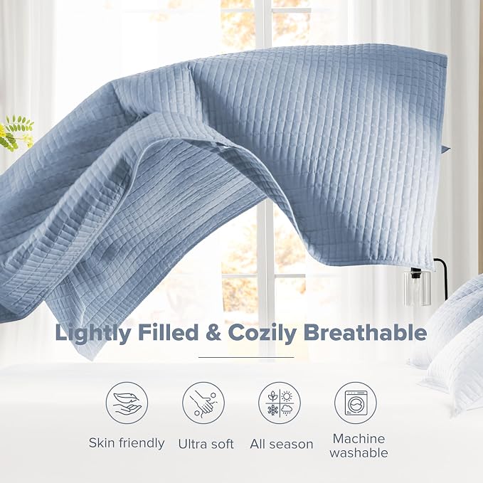 Comfort Spaces Kienna Queen Quilt Bedding Set 3 Piece, 90"x90" Blue | Soft Cozy Lightweight Summer Coverlet Full Size, Quilted Bedspreads Extra Layer, Modern Casual Bedroom Decor, OEKO-TEX