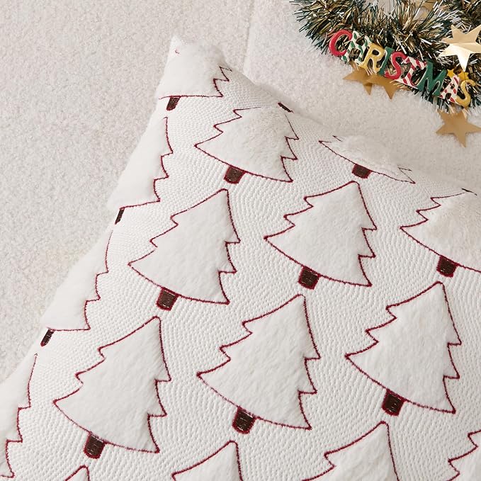 Kevin Textile Christmas Tree Pillow Covers 20x20 Inch Set of 2 Luxury Embroidery Soft Plush Faux Fur Decoration Pillowcases for Couch Sofa Holiday Festivals Winter Xmas Gift, Cream White & Red