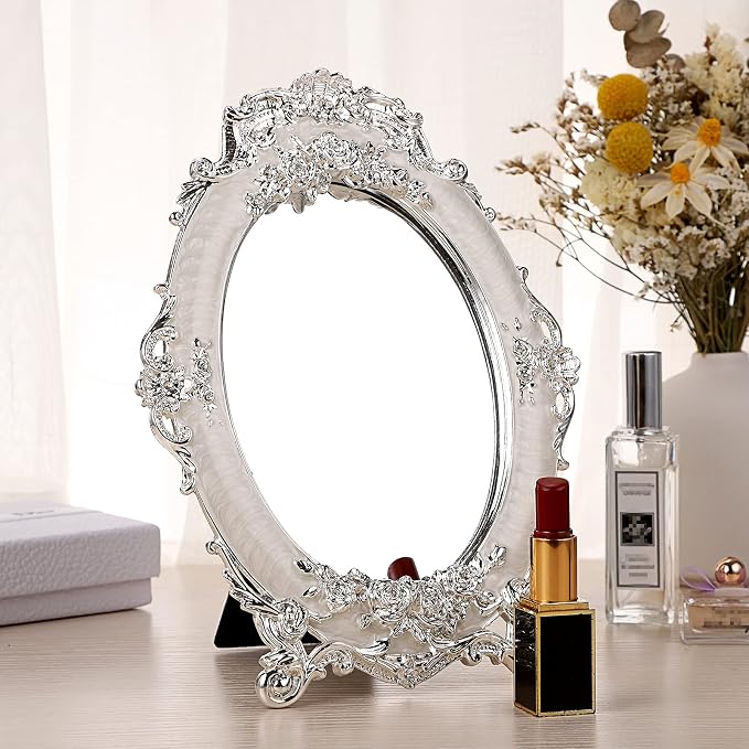 JUXYES Tabletop Dressing Mirror with Stand Desktop Mirror with Rose Decor | Small Antique Embossed Roses Countertop Makeup Mirror, Retro Oval Cosmetic Decorative Mirrors for Dresser Table