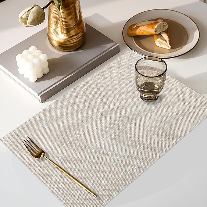 Vinyl Placemats Set of 6, PVC Woven Washable Non-Slip Table Mats, Heat Resistant Wrinkle Free Place Mats for Dining Table, Easy to Clean (6, Beige)