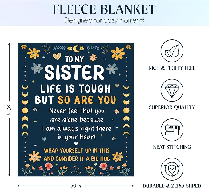 WRAPIX Sister Gifts for Women - Life is Tough But So are You Super Soft Fleece Throw Blanket for Couch Bed 50x60 in - Mothers Day Graduation Birthday Gifts for Sister Women