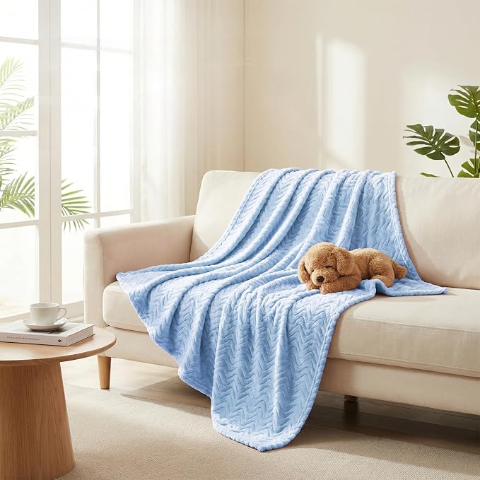 Exclusivo Mezcla Large Fleece Throw Blanket for Couch, Sofa, Light Blue | 50"x70" Soft Breathable Lightweight Flannel Throws for Summer, Plush Cozy Jacquard Wave Blanket for Home Decor
