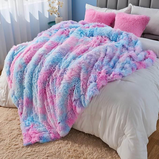 GONAAP Fuzzy Faux Fur Queen Blanket for Couch, Purple Rainbow, 90"x90" | Warm Cozy Plush Shaggy Decorative Reversible Thick Non-Heated Fleece Blanket for Sofa Bed, Gift for Women Men, All Season Use