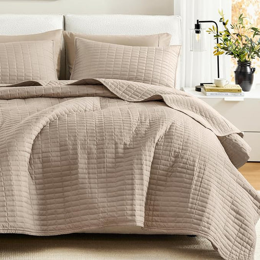 Comfort Spaces Kienna Queen Quilt Bedding Set 3 Piece, 90"x90" Taupe | Soft Cozy Lightweight Summer Coverlet Full Size, Quilted Bedspreads Extra Layer, Modern Casual Bedroom Decor, OEKO-TEX