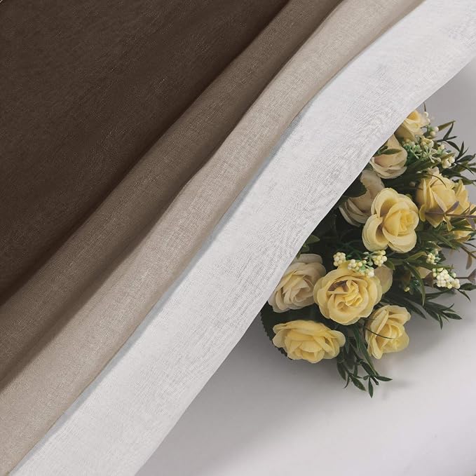 DWCN Ombre Faux Linen Sheer Curtains - Extra Wide Gradient Semi Voile Grommet Top Bedroom and Living Room Curtains, 60 x 63 Inches Long, Set of 2 Window Curtain Panels, Chocolate Brown