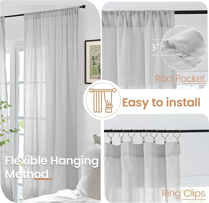 BGment Extra Long 108 Inch Length Curtains for Living Room Windows, Linen Light Gery Drapes Rustic Country Textured for Farmhouse Bedroom Decor Lightweight Rod Pocket, 2 Panels Set, Each 52 Inch Wide