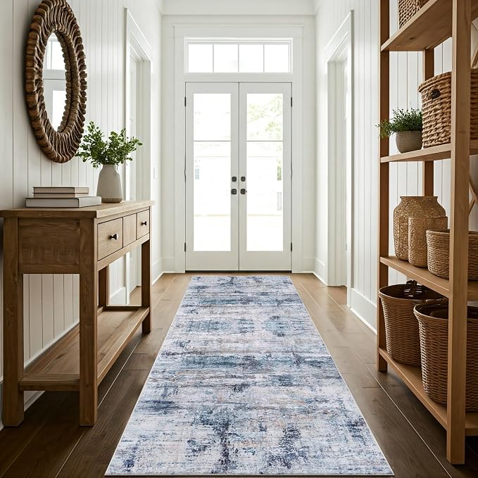 Machine Washable Area Rug, Soft & Durable, Non-Slip, Stain Resistant Rug for Bedroom, Living Room, Dining Room, High Traffic Areas. (Blue/White Abstract, 2.5' X 7')