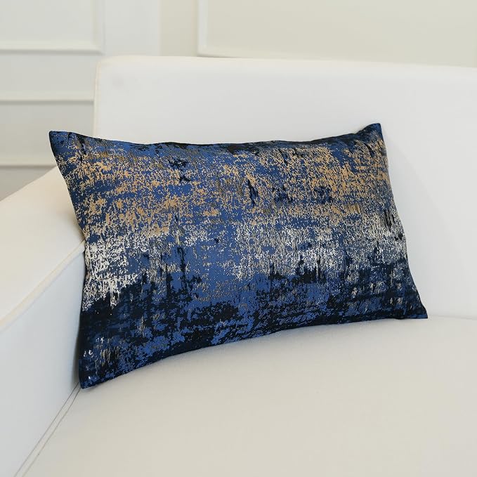 THE-TINOART Navy Champagne Metallic Jacquard Lumbar Pillow Cover 12x20 Velvet Back Modern Glam Sofa Decor