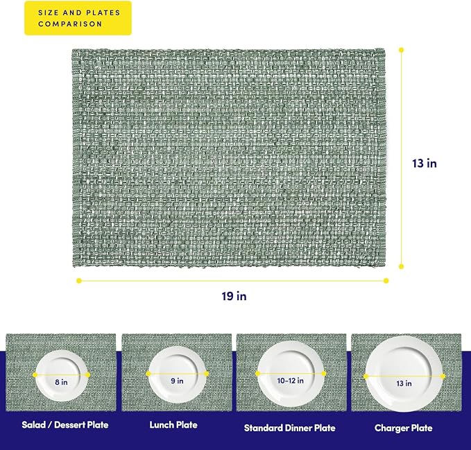 Sweet Home Collection 100% Cotton Placemats for Dining Room Rectangle Two Tone Woven Fabric 13" x 19" Soft Durable Table Mat Set, Set of 6, Light Green