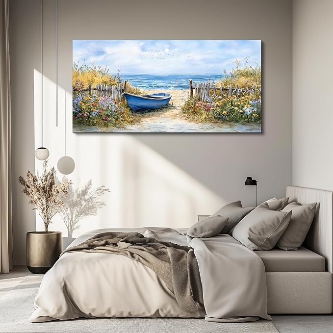 QIYILEXWART Large Wall Decor For Living Room Canvas Wall Art For Office Modern Wall Decorations For Bedroom Sea Side Boat Landscape Painting Farmhouse Pictures Artwork Room Home Decor 24x48 In