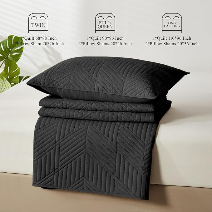 Davulos Black King Quilt Set,3-Piece Lightweight Reversible Bedspread Coverlet,Soft Microfiber,All Season Bedding with Modern Geometric Pattern (1 Quilt,2 Pillow Shams)