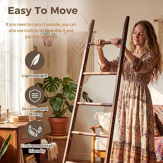 Sintuff Tapered Blanket Ladder for Living Room, 5.5ft Wooden Blanket Rack, 5-Tier Natural Leaning Tapered Ladder Shelf for Farmhouse Bedroom Living Room Bathroom Decor, Walnut Brown