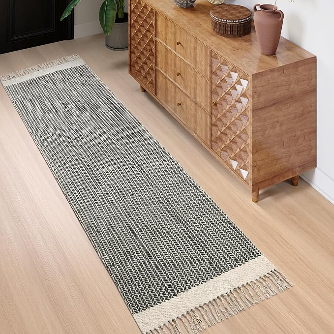 Lahome Boho Kitchen Runner Rug, 2'6''x8 Washable Rugs for Bathroom Entryway | Woven Cotton Hallway Runners with Tassels, Farmhouse Decor Mats, Non Shedding Lightweight Grey Carpet for Bath Foyer