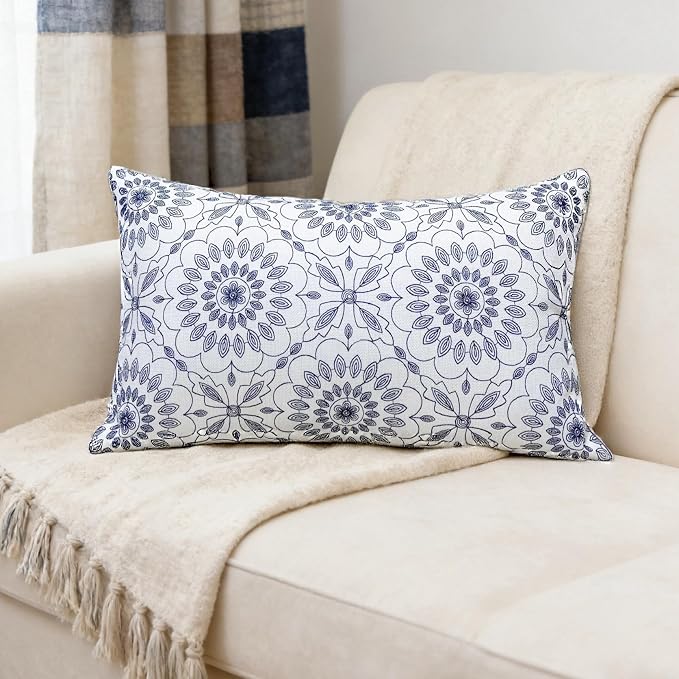 Slow Cow Linen Embroidery Decorative Lumbar Throw Pillow Cover Pillowcase Rectangular Pillow Cover Cushion Cover for Bed Couch Sofa 12 x 20 Inches Navy Blue