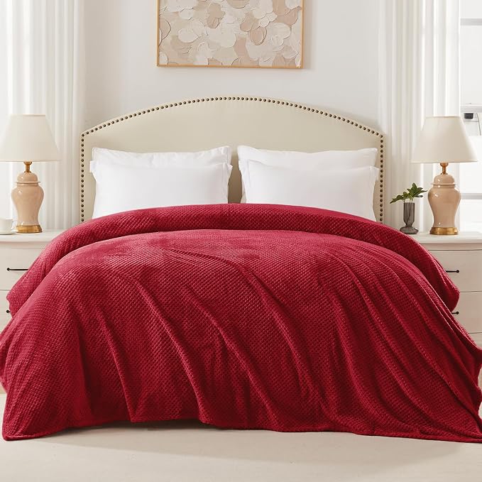 Exclusivo Mezcla Soft Waffle Fleece Bed Blanket Twin Size, Deep Red | Lightweight Plush Blanket for Bed, Couch, Sofa, Cozy Fluffy Design for Bedroom, Guest Room, All Season, 60x80 Inches