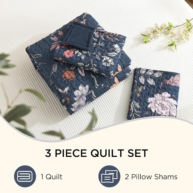 Litanika Floral Dark Blue Quilt - 3Pcs Botanical Birds Pattren Bed Set | Super King Plus Bedspread Summer Lightweight Soft Coverlet with Pink Flower for All Seasons(128"x120")