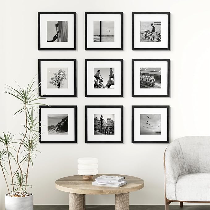 Vittanly 12x12 Picture Frames Set of 9 for Wall Mounting, Black | Display Pictures 8x8 with Mat or 12x12 without Mat for Wall Mounting, Square Photo Frames for Home Decor, Engineered Wood