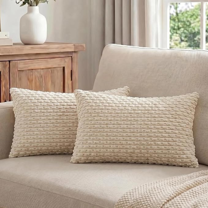 Fancy Homi 2 Packs Tan Decorative Throw Pillow Covers 12x20 Inch for Couch Bed Sofa, Modern Farmhouse Boho Home Decor, Soft Cute Plush Corduroy Cushion Case 30x50 CM