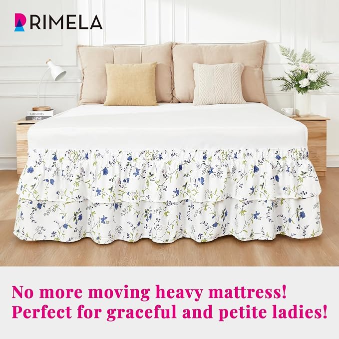 RIMELA Ruffle Bed Skirt Blue Berry Floral Queen 15 Inch Drop, Elastic Wrap Around Bed Skirting Queen Size, Easy to Install Dust Ruffle, Machine Washable Soft Fabric, Multi Ruffle Bedskirt