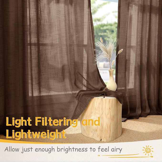 YoungsTex Brown Linen Sheer Curtains for Living Room 2 Panels Rod Pocket | 84 Inch Chocolate Drapes Light Filtering with Back Tab for Dining Bedroom, 52 X 84 Inch