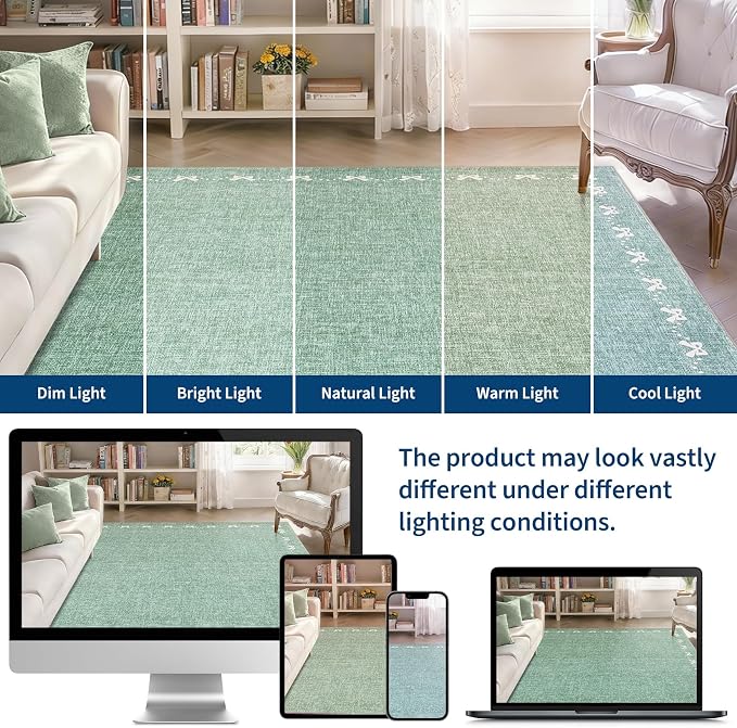 COZYLOOM Bow Border 4x6 Living Room Rugs Modern Printed Washable Nursery Rug, Non Slip Non Shedding Accent Rug Stain Resistant Low Pile Farmhouse Mats for Bedroom, Dining Room, Office, Green