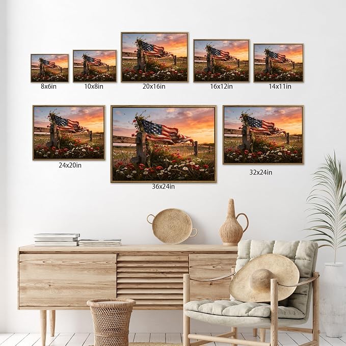 American Flag Framed Canvas Wall Art, 4th of July Patriotic Canvas Prints | Wildflower Meadow Landscape Poster Print, Vintage Rustic Independence Day Wall Decor for Bedroom Living Room 8×10in
