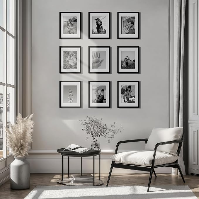 eletecpro Picture Frames Set of 9, 11x14 in, Acrylic Cover, Black | Display Photo 8x10 with Mat or 11x14 without, Classic Gallery Collage, Wall Mount, Minimalist Home Decor, Engineered Wood