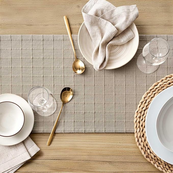 ZeeMart Artisanal Grid Linen Table Runner, 13x48 Inches Oatmeal | Heavy Textured, Durable Thick Fabric, Farmhouse Handwoven Feel Linen Runner, Easy Care Table Decor for Kitchen Dining Room