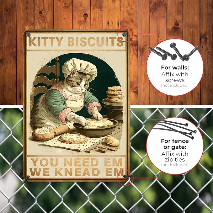 HYBLOM Cottagecore Decor - Cat Signs - Kitty Biscuits You Need Em We Knead Em Poster - Vintage Home Wall Art Metal Tin Sign 12x8 Inches
