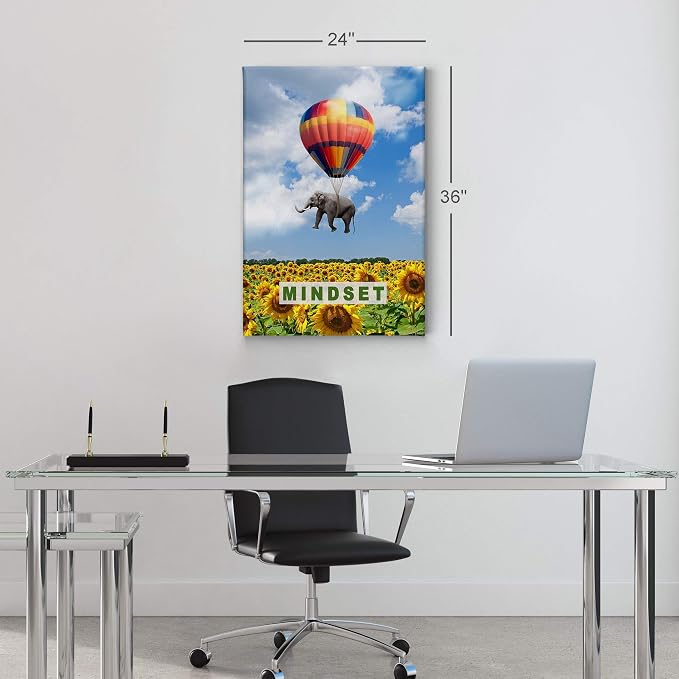Smile Art Design Mindset Elephant with Balloon Sunflower Field Motivational Wall Art Canvas Print Inspirational Wall Art Entrepreneur Quote Canvas Print Modern Office Decor Gift Ready to Hang 28x19