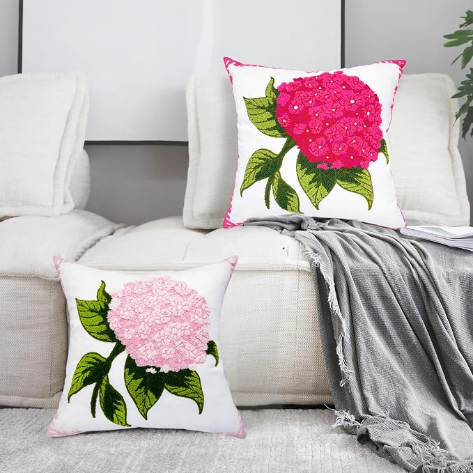 Alysheer Hydrangea Embroidered Decorative Throw Pillow Covers 18"x 18" Set of 2, Summer Floral Tufted Patterned Hot Pink Cotton Cushion Cases for Couch Bed Living Room Decor