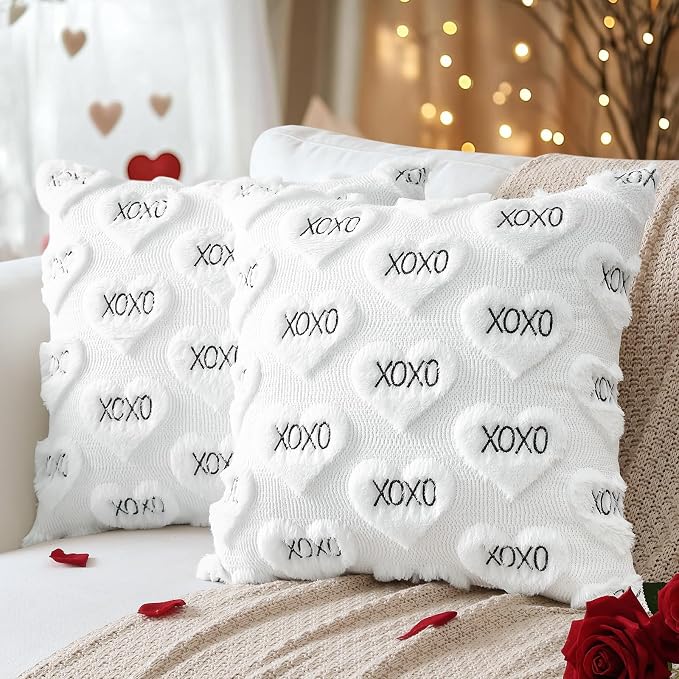 Artscope Valentines Pillow Covers 20x20 Set of 2 Decorative Love Heart XOXO Valentine's Day Throw Pillow Cases Soft Plush Faux Fur Couch Cushion Case for Holiday Sofa Bed Room Home Decor-White XOXO