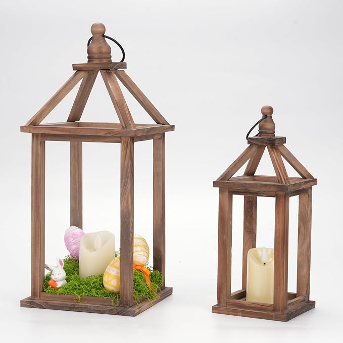 Romadedi Wood Candle Lantern Decorative, Brown, Rustic Decor Set of 2 | Farmhouse Wooden Lanterns, Decorative Candle Holder, Wedding Table Centerpiece, Indoor Outdoor, Fireplace Decorations