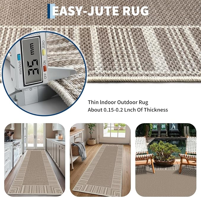 COZYLOOM Easy Jute Area Rugs 9x12 Large Living Room Rug with Rubber Backing, Washable Stain Resistant Bordered Rug Non Shedding Neutral Striped Farmhouse Carpet for Bedroom, Patio, RV, Beige Brown