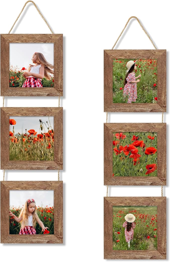5x5 Collage Picture Frames Set of 2, Rustic Wooden Real Glass Vertical Hanging 3 Opening 5 by 5 Photo Frame, Rustic Brown