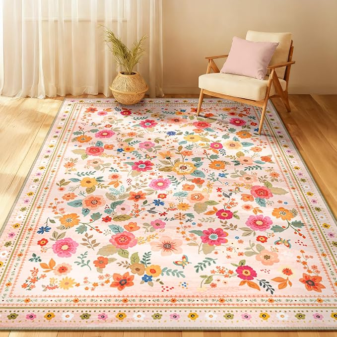 Washable Floral Area Rug for Living Room 4x6 Pink Beige | Non-Slip，Vacuum-Friendly, Low Pile, Flower Carpet for Bedroom Kitchen Entryway Dining Room Office Nursery