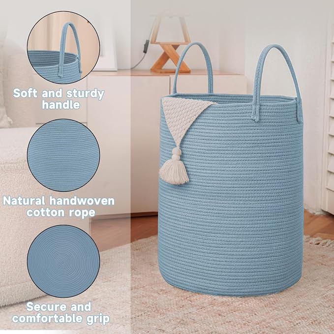 JMvicyroam 100L Cotton Rope Laundry Basket Hamper, Blue | Collapsible laundry basket, reinforced handles, freestanding, machine washable, holds 3-5 thick blankets, clothes or toys
