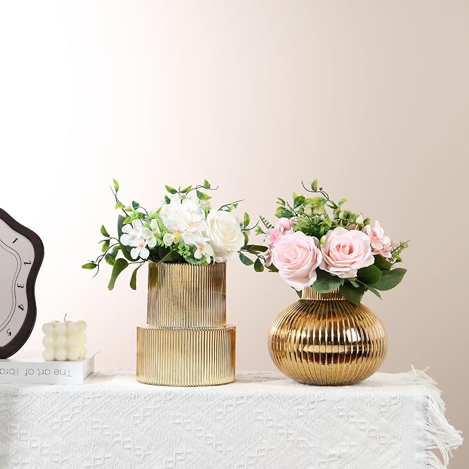 Ribbed Glass Vases, Set of 2 Fluted Vases for Flowers, Gold Glass Vase for Tulips, Modern Vase for Living Room, Kitchen, Office, Entryway, Mantle, Bookshelf, Wedding Gifts, Birthday