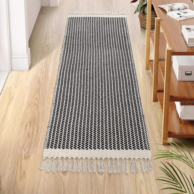 Lahome Boho Bathroom Runner Rug, 2x6 Washable Rugs for Kitchen Hallway | Woven Cotton Laundry Room Throw Carpet with Tassels, Farmhouse Decor Black Non Shedding Lightweight Mat for Entryway Bath