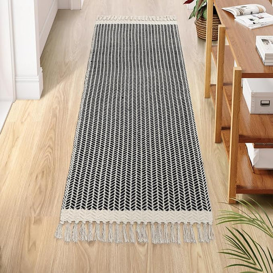 Lahome Boho Bathroom Runner Rug, 2x6 Washable Rugs for Kitchen Hallway | Woven Cotton Laundry Room Throw Carpet with Tassels, Farmhouse Decor Black Non Shedding Lightweight Mat for Entryway Bath