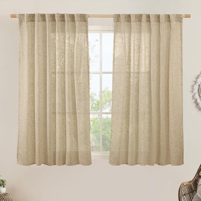 Brown Sheer Linen Curtains 45 Inches Long 2 Panels, 52 x 45 Inch | Light Filtering Panels, Semi Sheer Curtains, Neutral Drapes for Kitchen, Window Treatment, Bedroom, Rod Pocket Back Tab